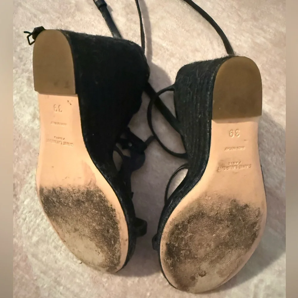 Saint Laurent Black Strappy Wedge Sandals YSL logo - Picture 4 of 10